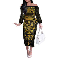 Personalised Philippines Independence Day Family Matching Off The Shoulder Long Sleeve Dress and Hawaiian Shirt Filipinos Sun Star Tribal LT05 Mom's Dress Gold - Polynesian Pride