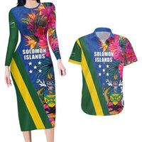 Solomon Islands Independence Day Couples Matching Long Sleeve Bodycon Dress and Hawaiian Shirt Coat Of Arms With Tropical Flowers LT05 Blue - Polynesian Pride