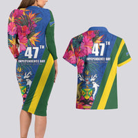 Solomon Islands Independence Day Couples Matching Long Sleeve Bodycon Dress and Hawaiian Shirt Coat Of Arms With Tropical Flowers LT05 - Polynesian Pride
