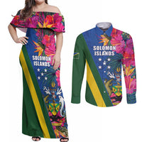 Solomon Islands Independence Day Couples Matching Off Shoulder Maxi Dress and Long Sleeve Button Shirt Coat Of Arms With Tropical Flowers LT05 Blue - Polynesian Pride