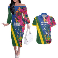 Solomon Islands Independence Day Couples Matching Off The Shoulder Long Sleeve Dress and Hawaiian Shirt Coat Of Arms With Tropical Flowers LT05 Blue - Polynesian Pride