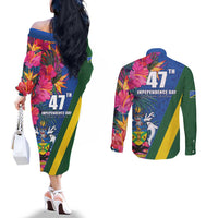 Solomon Islands Independence Day Couples Matching Off The Shoulder Long Sleeve Dress and Long Sleeve Button Shirt Coat Of Arms With Tropical Flowers LT05 - Polynesian Pride