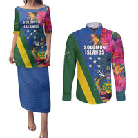 Solomon Islands Independence Day Couples Matching Puletasi and Long Sleeve Button Shirt Coat Of Arms With Tropical Flowers LT05 Blue - Polynesian Pride