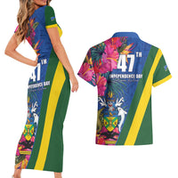 Solomon Islands Independence Day Couples Matching Short Sleeve Bodycon Dress and Hawaiian Shirt Coat Of Arms With Tropical Flowers LT05 - Polynesian Pride