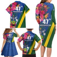 Solomon Islands Independence Day Family Matching Long Sleeve Bodycon Dress and Hawaiian Shirt Coat Of Arms With Tropical Flowers LT05 - Polynesian Pride