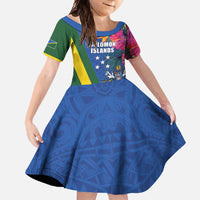 Solomon Islands Independence Day Family Matching Mermaid Dress and Hawaiian Shirt Coat Of Arms With Tropical Flowers LT05 Daughter's Dress Blue - Polynesian Pride
