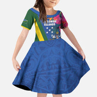 Solomon Islands Independence Day Family Matching Off The Shoulder Long Sleeve Dress and Hawaiian Shirt Coat Of Arms With Tropical Flowers LT05 Daughter's Dress Blue - Polynesian Pride