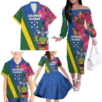 Solomon Islands Independence Day Family Matching Off The Shoulder Long Sleeve Dress and Hawaiian Shirt Coat Of Arms With Tropical Flowers LT05 - Polynesian Pride