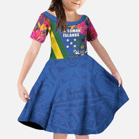 Solomon Islands Independence Day Family Matching Off Shoulder Maxi Dress and Hawaiian Shirt Coat Of Arms With Tropical Flowers LT05 Daughter's Dress Blue - Polynesian Pride