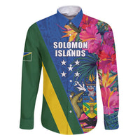 Solomon Islands Independence Day Family Matching Off Shoulder Short Dress and Hawaiian Shirt Coat Of Arms With Tropical Flowers LT05 Dad's Shirt - Long Sleeve Blue - Polynesian Pride