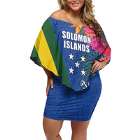Solomon Islands Independence Day Family Matching Off Shoulder Short Dress and Hawaiian Shirt Coat Of Arms With Tropical Flowers LT05 Mom's Dress Blue - Polynesian Pride