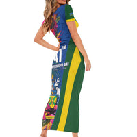 Solomon Islands Independence Day Family Matching Short Sleeve Bodycon Dress and Hawaiian Shirt Coat Of Arms With Tropical Flowers LT05 - Polynesian Pride
