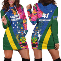 Solomon Islands Independence Day Hoodie Dress Coat Of Arms With Tropical Flowers LT05 - Polynesian Pride