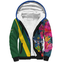 Solomon Islands Independence Day Sherpa Hoodie Coat Of Arms With Tropical Flowers LT05 Unisex Blue - Polynesian Pride