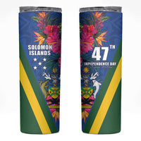 Solomon Islands Independence Day Skinny Tumbler Coat Of Arms With Tropical Flowers LT05 Blue - Polynesian Pride