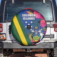 Solomon Islands Independence Day Spare Tire Cover Coat Of Arms With Tropical Flowers LT05 Blue - Polynesian Pride