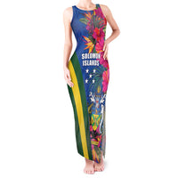 Solomon Islands Independence Day Tank Maxi Dress Coat Of Arms With Tropical Flowers LT05 Women Blue - Polynesian Pride