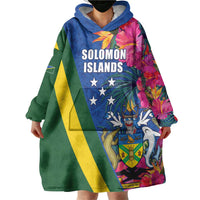 Solomon Islands Independence Day Wearable Blanket Hoodie Coat Of Arms With Tropical Flowers LT05 - Polynesian Pride