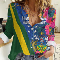 Solomon Islands Independence Day Women Casual Shirt Coat Of Arms With Tropical Flowers LT05 Female Blue - Polynesian Pride