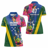 Solomon Islands Independence Day Women Polo Shirt Coat Of Arms With Tropical Flowers LT05 - Polynesian Pride