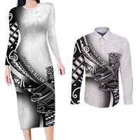 Solomon Islands Nguzunguzu Couples Matching Long Sleeve Bodycon Dress and Long Sleeve Button Shirt Polynesian Tribal Pattern LT05 White - Polynesian Pride