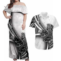 Solomon Islands Nguzunguzu Couples Matching Off Shoulder Maxi Dress and Hawaiian Shirt Polynesian Tribal Pattern LT05 White - Polynesian Pride