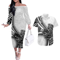 Solomon Islands Nguzunguzu Couples Matching Off The Shoulder Long Sleeve Dress and Hawaiian Shirt Polynesian Tribal Pattern LT05 White - Polynesian Pride