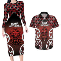 Personalised Aotearoa Mana Motuhake Couples Matching Long Sleeve Bodycon Dress and Hawaiian Shirt Poutama With Maori Pattern LT05 Red - Polynesian Pride