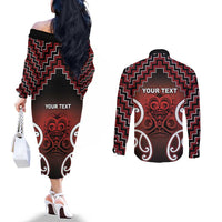 Personalised Aotearoa Mana Motuhake Couples Matching Off The Shoulder Long Sleeve Dress and Long Sleeve Button Shirt Poutama With Maori Pattern LT05 - Polynesian Pride