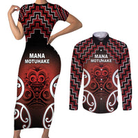 Personalised Aotearoa Mana Motuhake Couples Matching Short Sleeve Bodycon Dress and Long Sleeve Button Shirt Poutama With Maori Pattern LT05 Red - Polynesian Pride