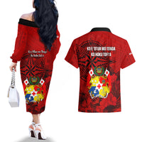Tonga King Tupou I Day Couples Matching Off The Shoulder Long Sleeve Dress and Hawaiian Shirt Tropical Flowers With Ngatu Pattern LT05 - Polynesian Pride