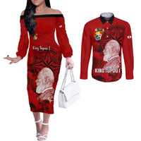 Tonga King Tupou I Day Couples Matching Off The Shoulder Long Sleeve Dress and Long Sleeve Button Shirts Tropical Flowers With Ngatu Pattern LT05 Red - Polynesian Pride
