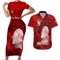 Tonga King Tupou I Day Couples Matching Short Sleeve Bodycon Dress and Hawaiian Shirt Tropical Flowers With Ngatu Pattern LT05 Red - Polynesian Pride