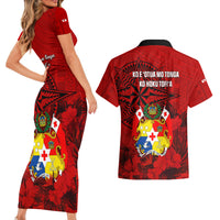 Tonga King Tupou I Day Couples Matching Short Sleeve Bodycon Dress and Hawaiian Shirt Tropical Flowers With Ngatu Pattern LT05 - Polynesian Pride