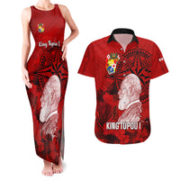 Tonga King Tupou I Day Couples Matching Tank Maxi Dress and Hawaiian Shirt Tropical Flowers With Ngatu Pattern LT05 Red - Polynesian Pride