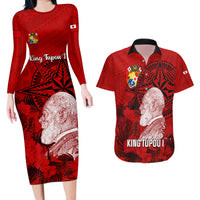 Personalized Tonga King Tupou I Day Couples Matching Long Sleeve Bodycon Dress and Hawaiian Shirt Tropical Flowers With Ngatu Pattern LT05 Red - Polynesian Pride