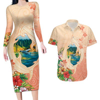 Hawaii Kauai Na Pali Coast Landscape Couples Matching Long Sleeve Bodycon Dress and Hawaiian Shirt LT05 Peach - Polynesian Pride