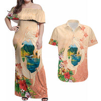 Hawaii Kauai Na Pali Coast Landscape Couples Matching Off Shoulder Maxi Dress and Hawaiian Shirt LT05 Peach - Polynesian Pride