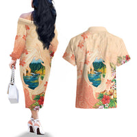 Hawaii Kauai Na Pali Coast Landscape Couples Matching Off The Shoulder Long Sleeve Dress and Hawaiian Shirt LT05 - Polynesian Pride