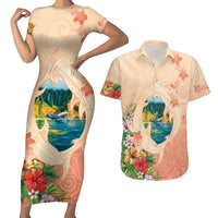 Hawaii Kauai Na Pali Coast Landscape Couples Matching Short Sleeve Bodycon Dress and Hawaiian Shirt LT05 Peach - Polynesian Pride