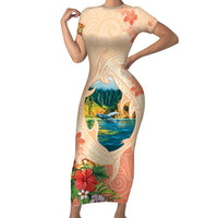 Hawaii Kauai Na Pali Coast Landscape Family Matching Short Sleeve Bodycon Dress and Hawaiian Shirt LT05 Mom's Dress Peach - Polynesian Pride