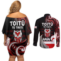 Aotearoa Toitu He Whakaputanga Couples Matching Off Shoulder Short Dress and Long Sleeve Button Shirt Toitu Te Tiriti O Waitangi LT05 - Polynesian Pride