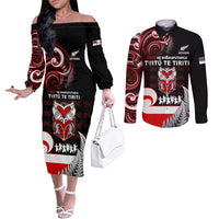 Aotearoa Toitu He Whakaputanga Couples Matching Off The Shoulder Long Sleeve Dress and Long Sleeve Button Shirt Toitu Te Tiriti O Waitangi LT05 Black - Polynesian Pride