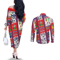 Wallis And Futuna Christmas Couples Matching Off The Shoulder Long Sleeve Dress and Long Sleeve Button Shirt Festive Beach Vibes LT05 - Polynesian Pride