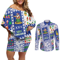 Northern Mariana Islands Christmas Couples Matching Off Shoulder Short Dress and Long Sleeve Button Shirt Festive Beach Vibes LT05 Blue - Polynesian Pride