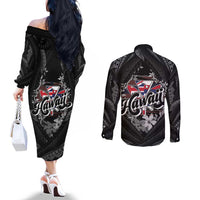 Hawaii November 28th Couples Matching Off The Shoulder Long Sleeve Dress and Long Sleeve Button Shirt Kanaka Maoli Tribal Pattern LT05 - Polynesian Pride