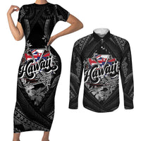 Hawaii November 28th Couples Matching Short Sleeve Bodycon Dress and Long Sleeve Button Shirt Kanaka Maoli Tribal Pattern LT05 Black - Polynesian Pride