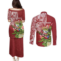 Puerto Rico Coqui Frog Couples Matching Puletasi and Long Sleeve Button Shirt Tropical Flowers Polynesian Style LT05 - Polynesian Pride