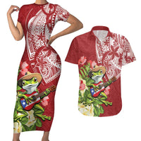 Puerto Rico Coqui Frog Couples Matching Short Sleeve Bodycon Dress and Hawaiian Shirt Tropical Flowers Polynesian Style LT05 Red - Polynesian Pride