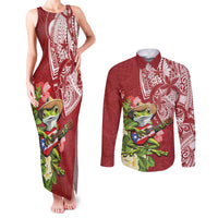 Puerto Rico Coqui Frog Couples Matching Tank Maxi Dress and Long Sleeve Button Shirt Tropical Flowers Polynesian Style LT05 Red - Polynesian Pride